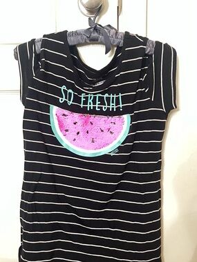 Justice Black Striped Tee with Pink Sequin Watermelon